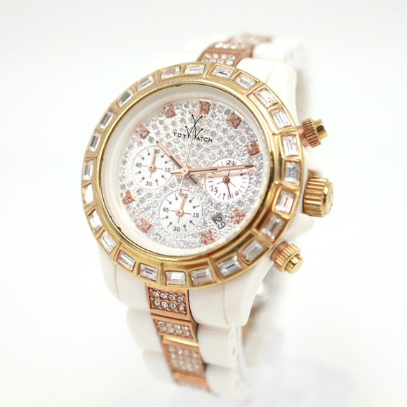 Toy Watch Womens White Rose Gold Tone Gem Set Iced Chronograph 36mm Date Dial - Picture 1 of 16